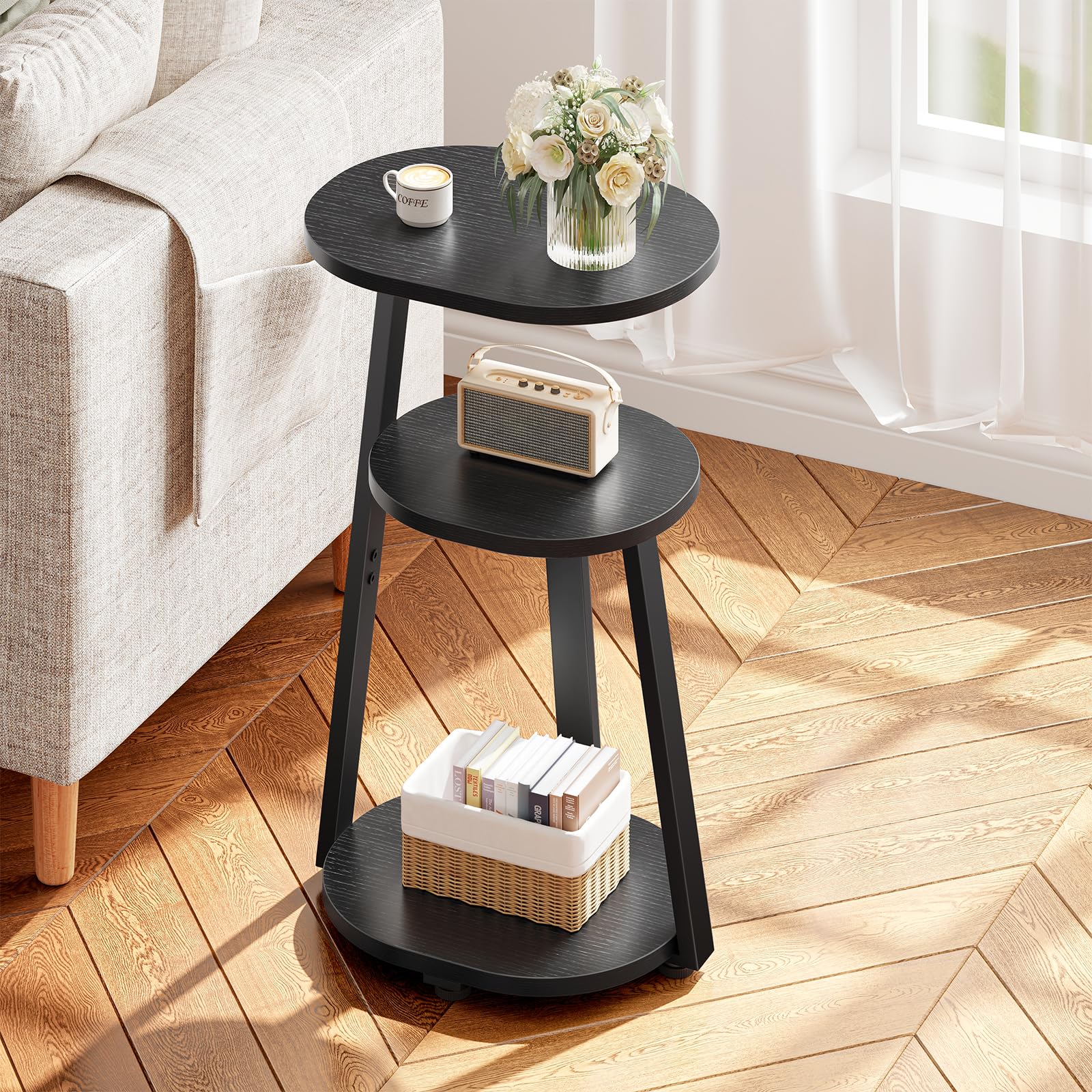 Kalrin oval side table top view with wood texture for warm bedside storage.