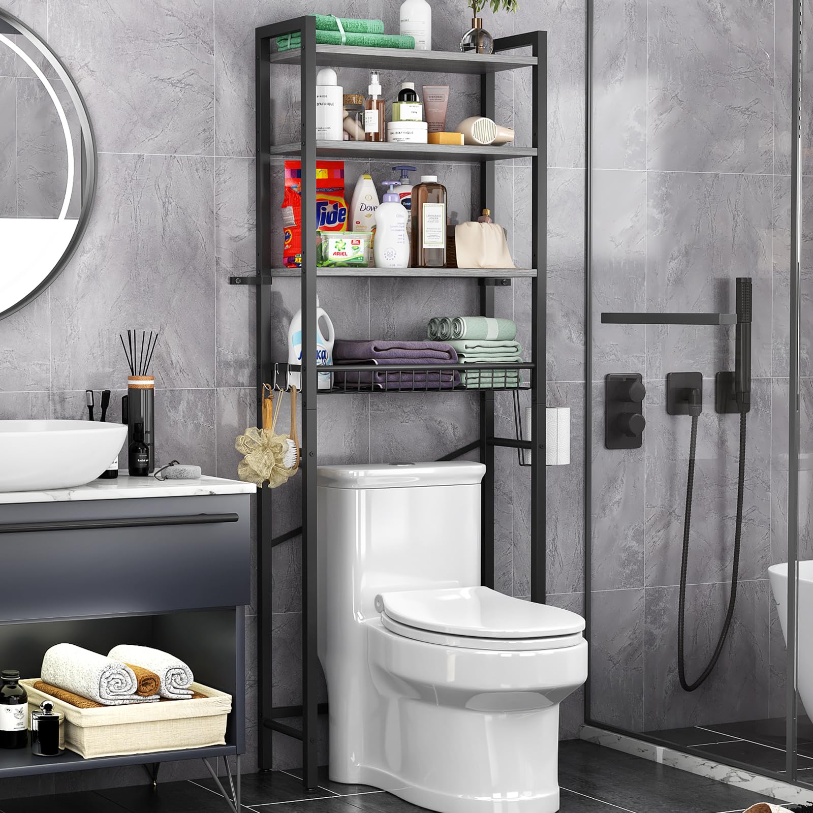 Kalrin over-the-toilet storage unit with four shelves for organized bathroom space