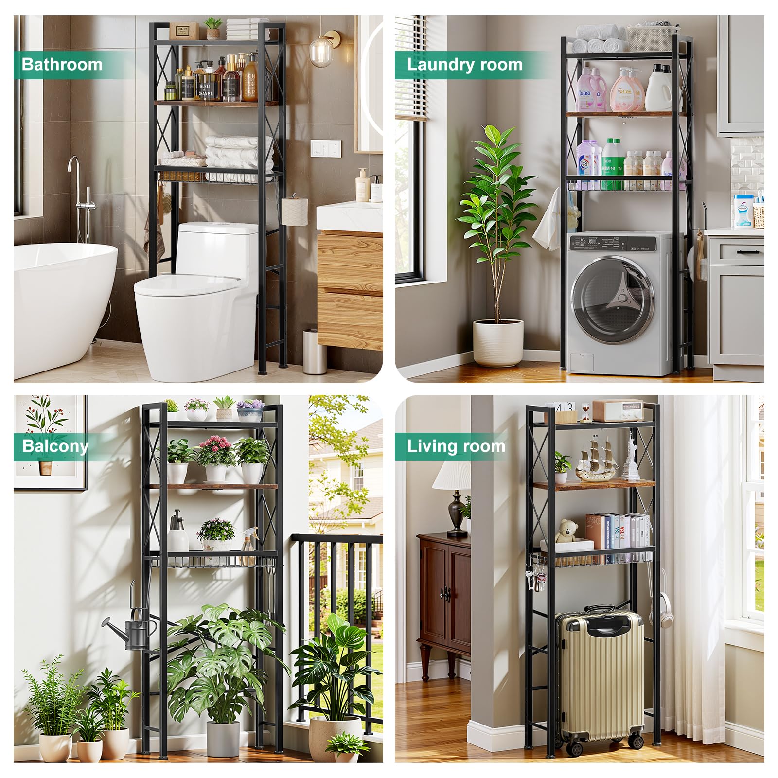 Kalrin drain-basket shelf keeps towels and toiletries neatly within reach.