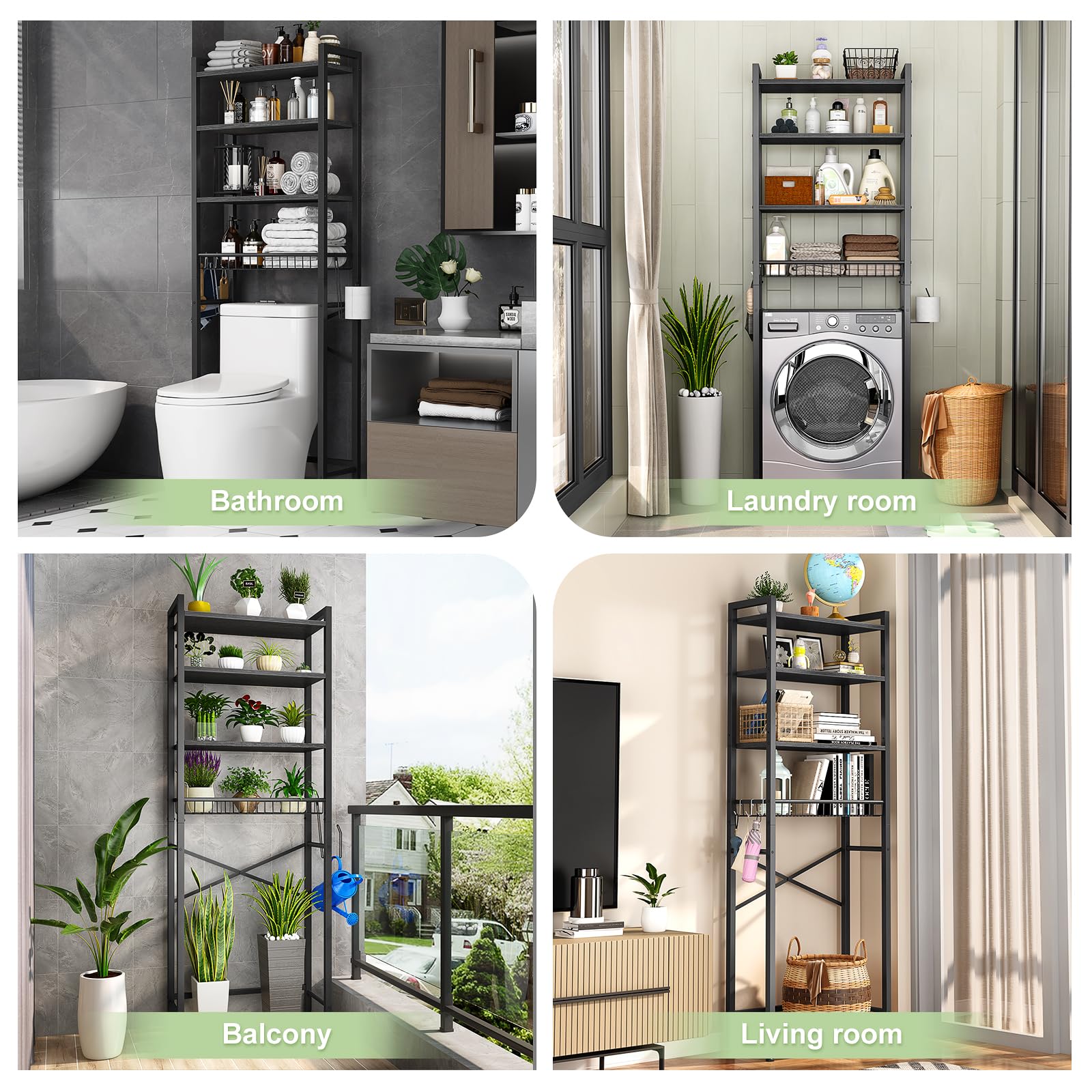 Kalrin over-the-toilet rack side view demonstrates compact footprint for saving bathroom space.