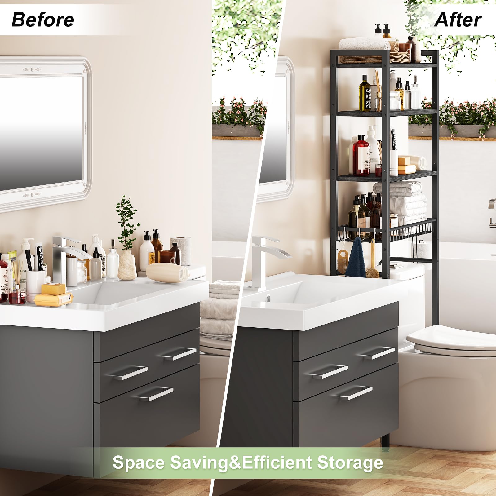 Kalrin adjustable-shelves over-the-toilet rack enables customization for tall items.