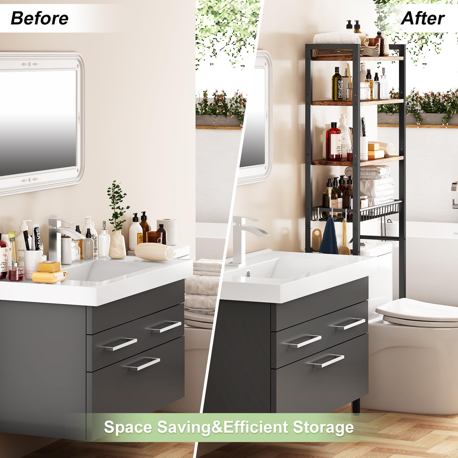 Kalrin over-the-toilet rack with adjustable shelves for tall items.