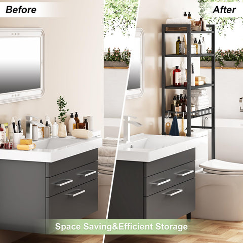 Kalrin adjustable-shelves over-the-toilet rack enables customization for tall items.