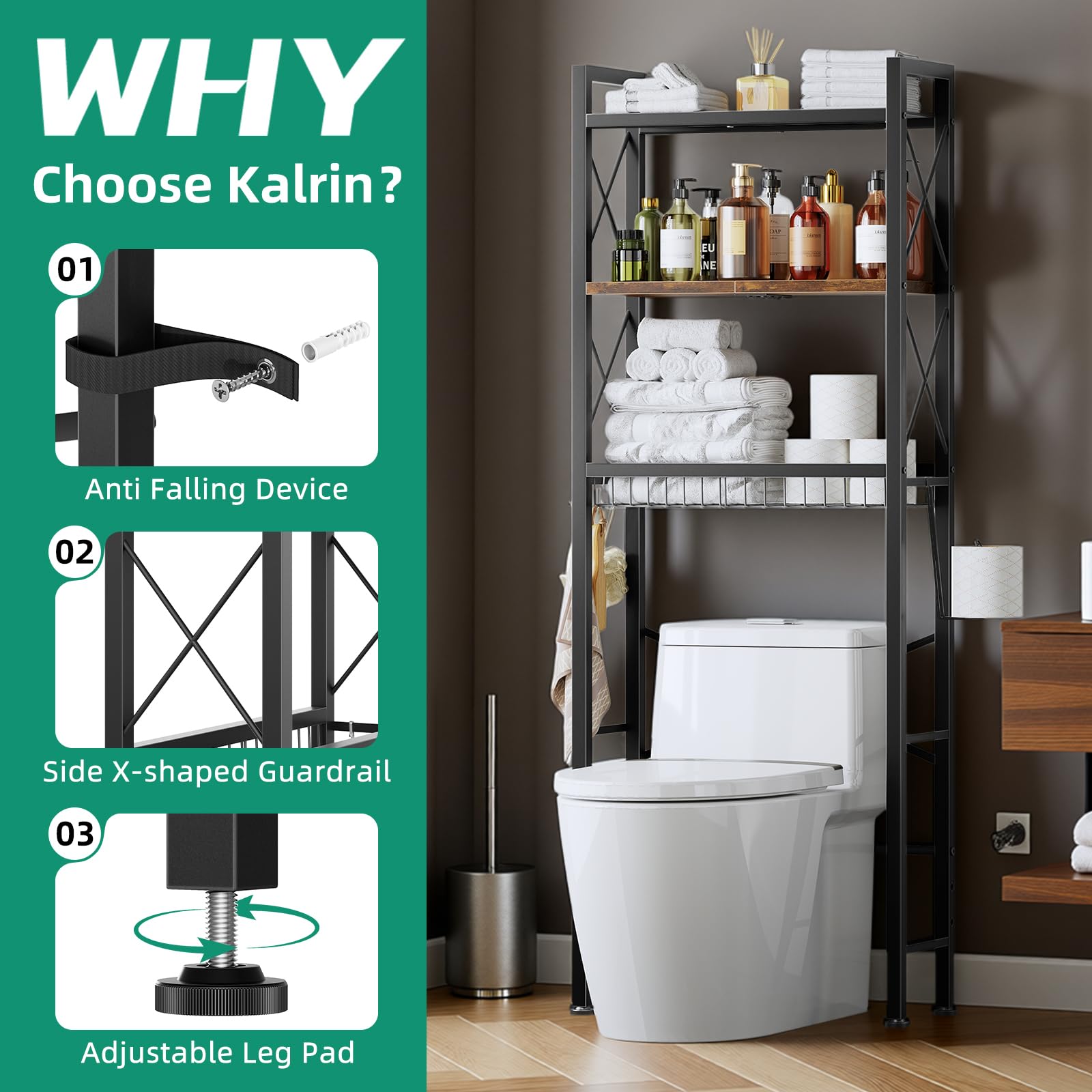 Kalrin three-tier open design maximizes vertical storage in small bathrooms.