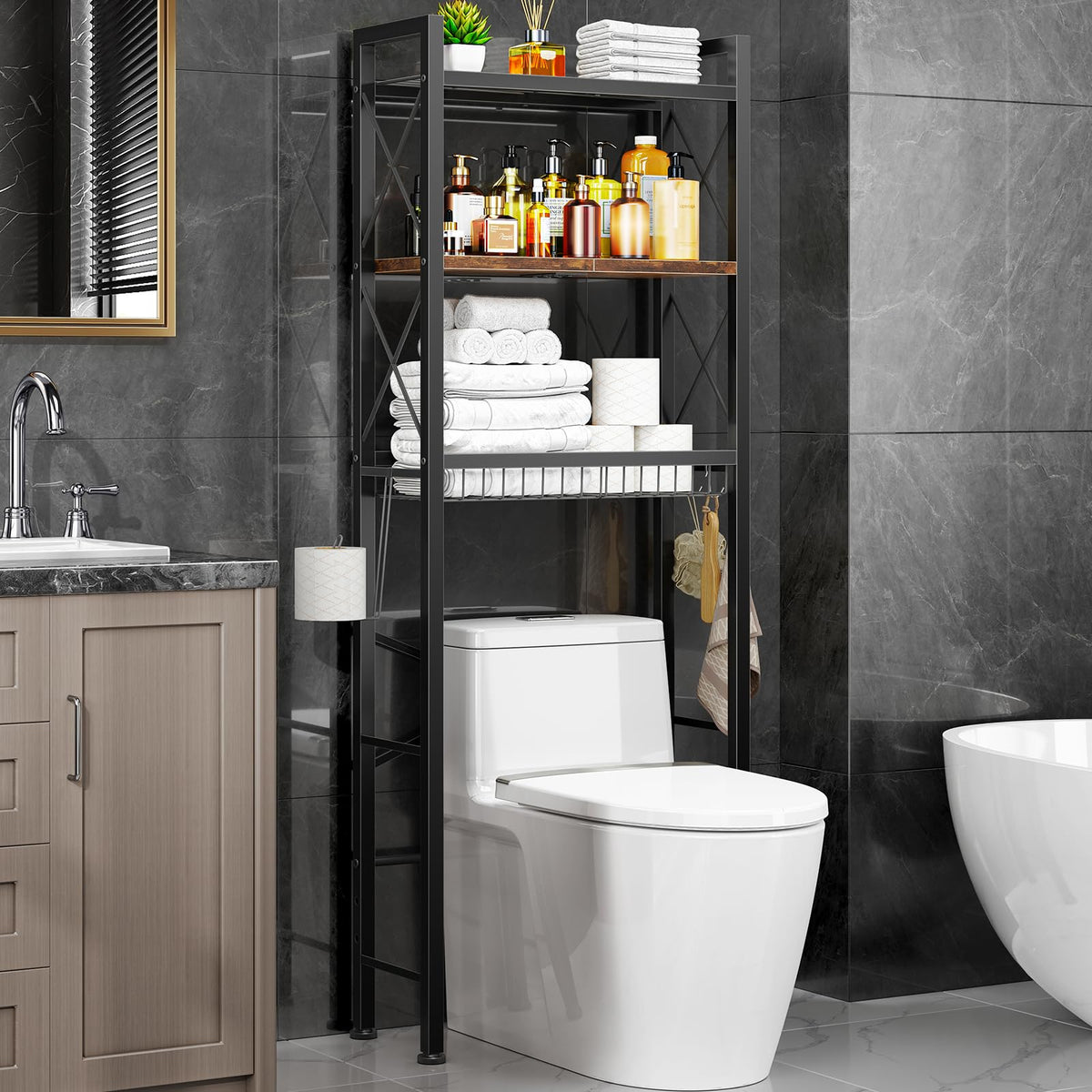Kalrin over-the-toilet storage with X-shaped guardrail for stable organization.