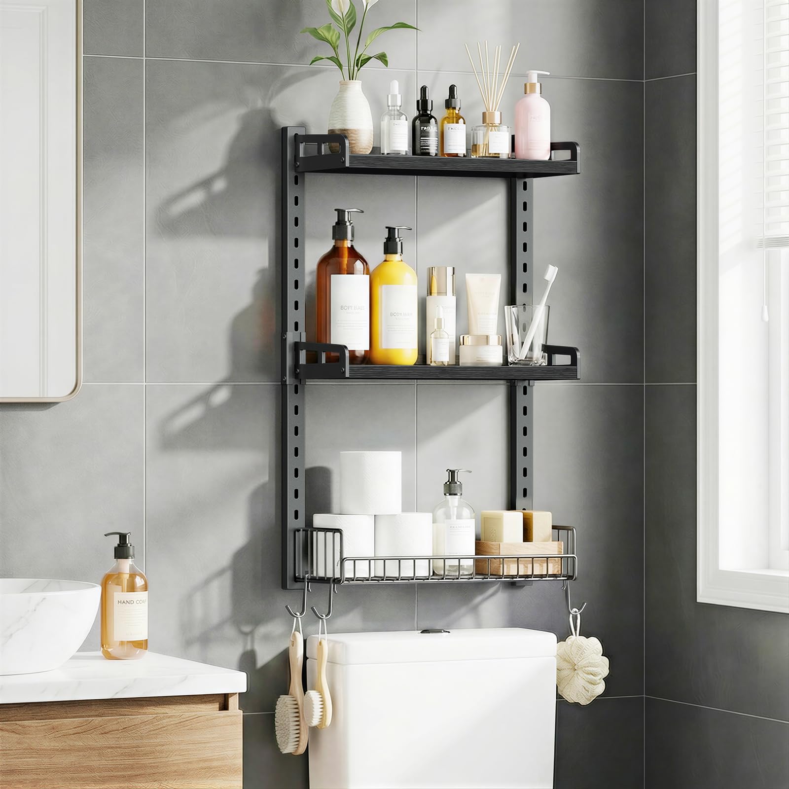 Kalrin over-toilet shelves wall-mounted for compact, clutter-free bathrooms.