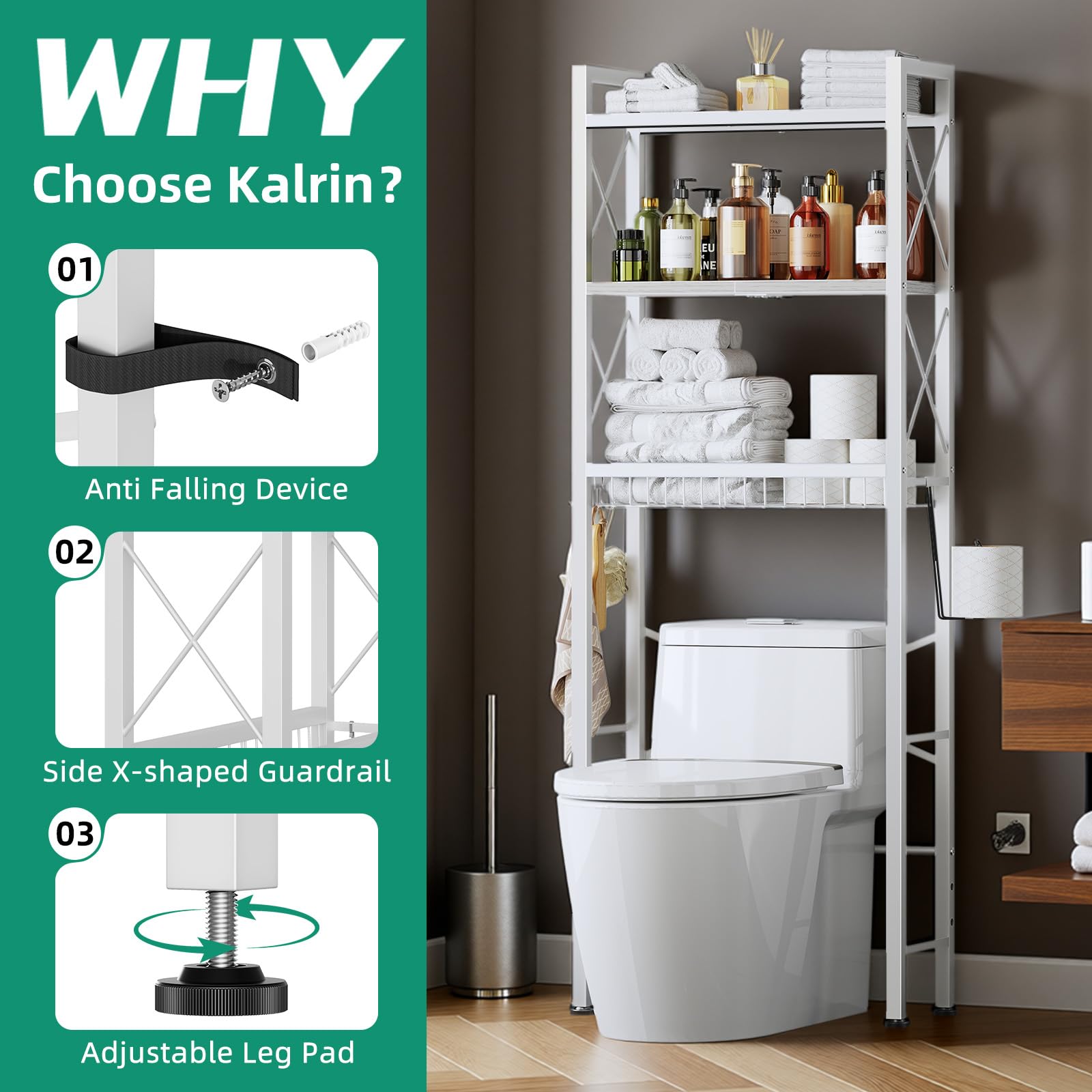 Kalrin 3-tier open shelves maximize vertical bathroom storage