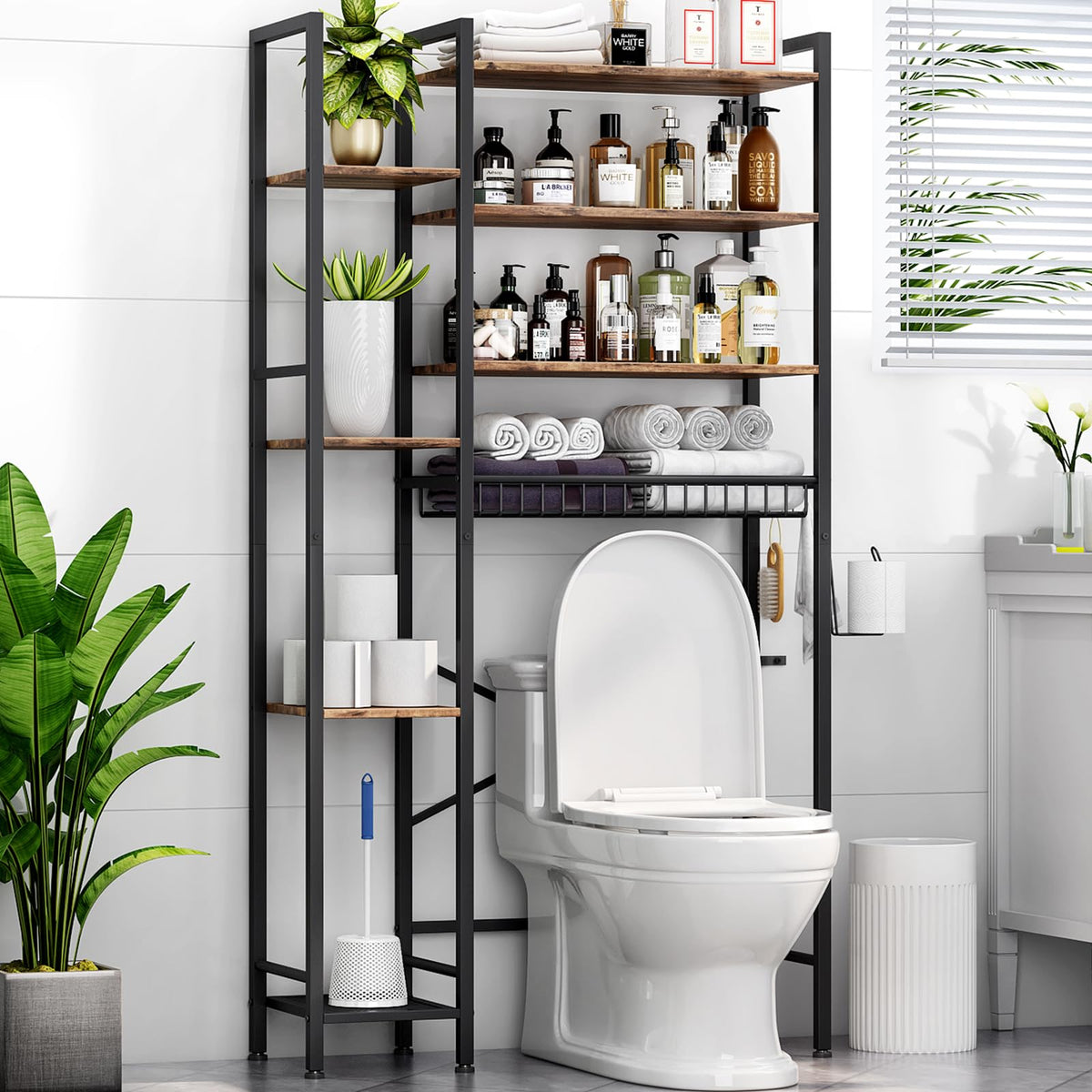 Kalrin over-toilet storage assembly displaying sturdy frame for clutter-free bathroom.