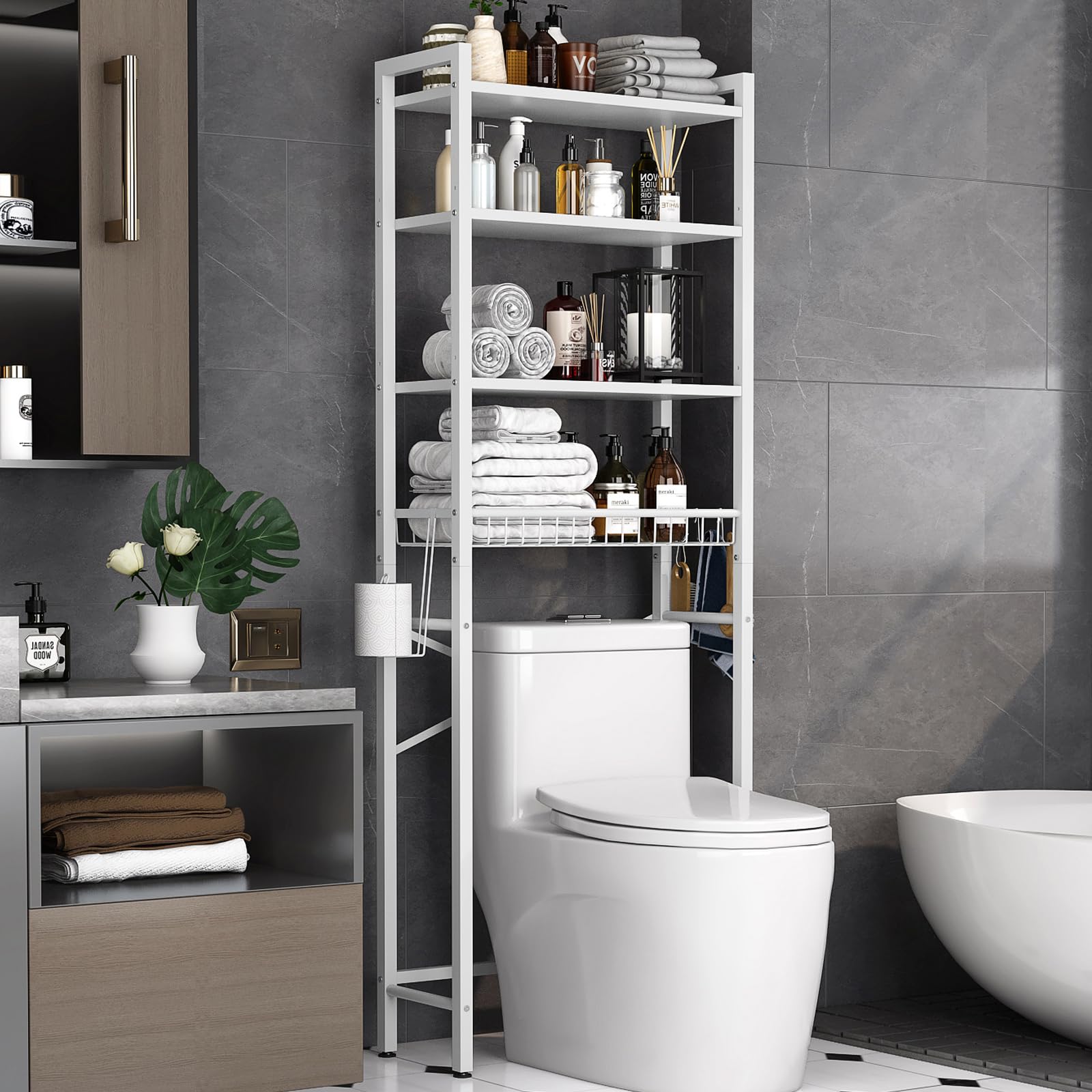 Kalrin over-the-toilet storage rack assembly for organized bathrooms.