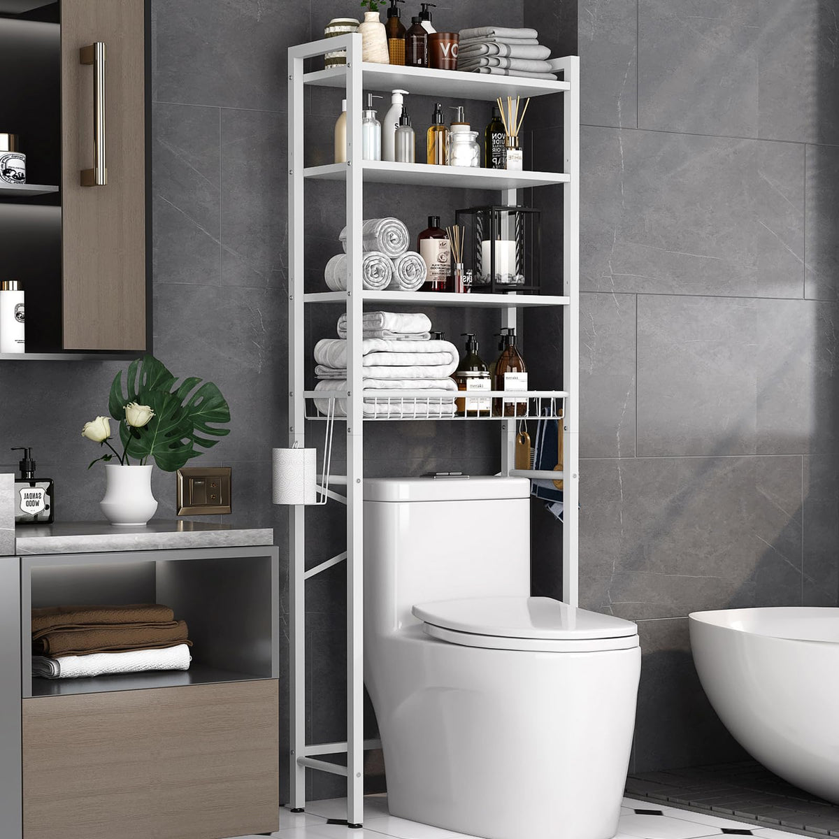 Kalrin over-the-toilet storage rack assembly for organized bathrooms.