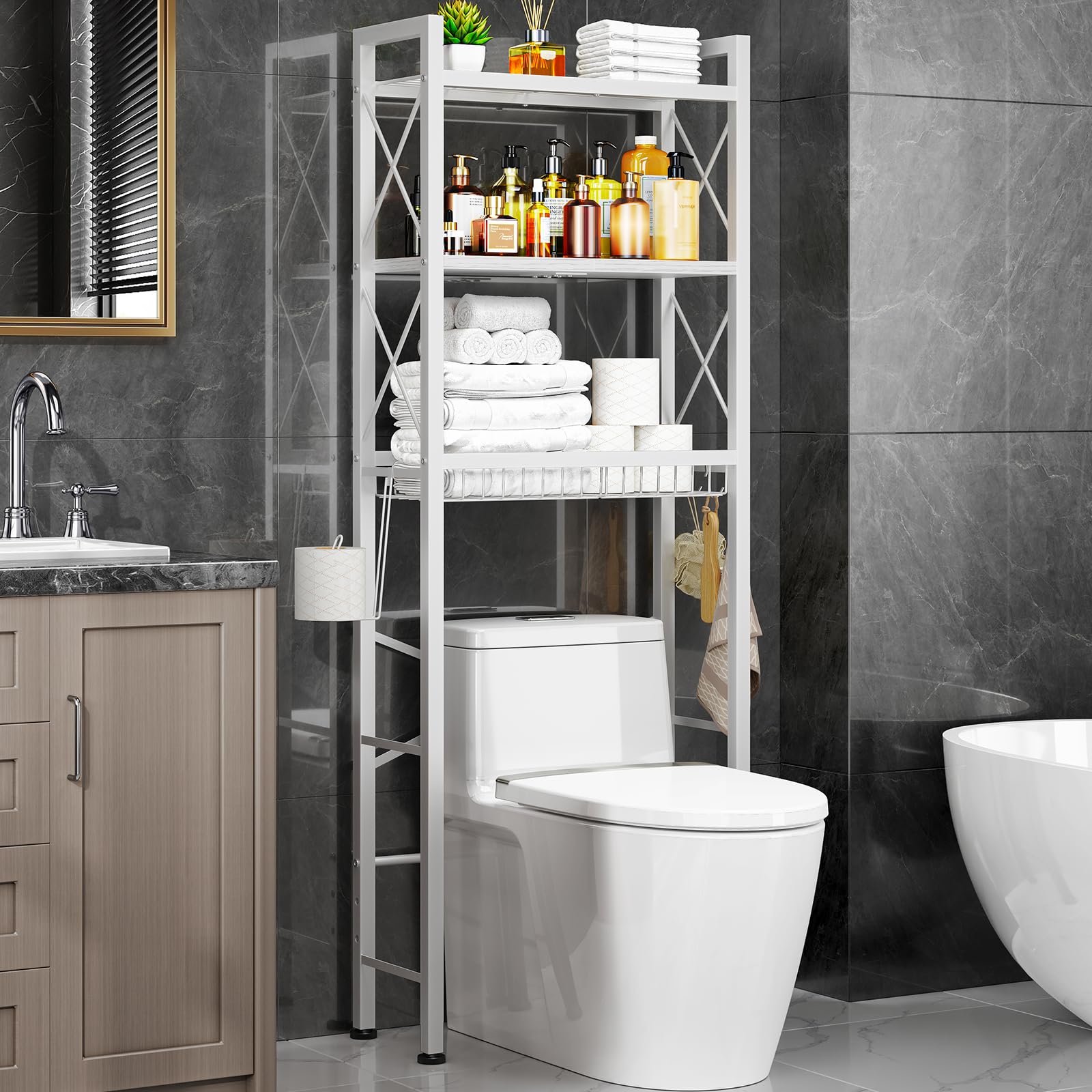 Kalrin over-the-toilet storage with x-shape side guardrail securing bathroom items