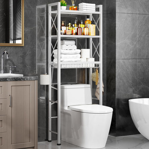 Kalrin over-the-toilet storage with x-shape side guardrail securing bathroom items