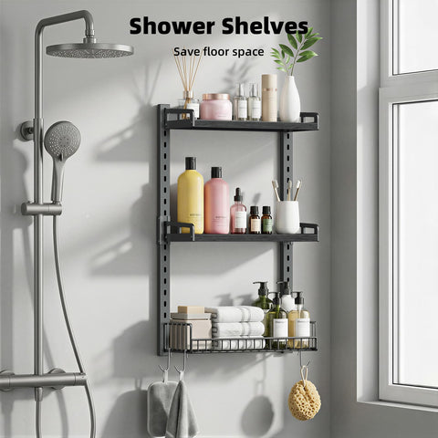 Kalrin shelf boards, storage net, and hooks maximize bathroom organization.