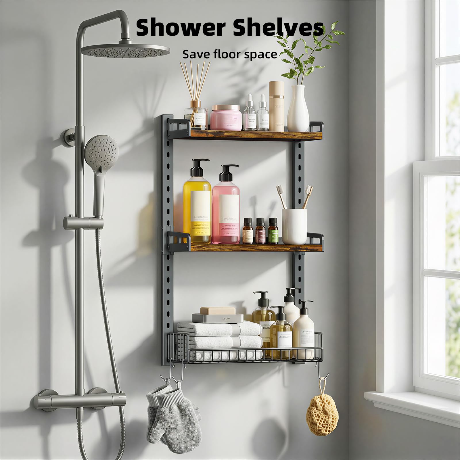 Kalrin two-shelf boards with hooks for towels and loofahs.