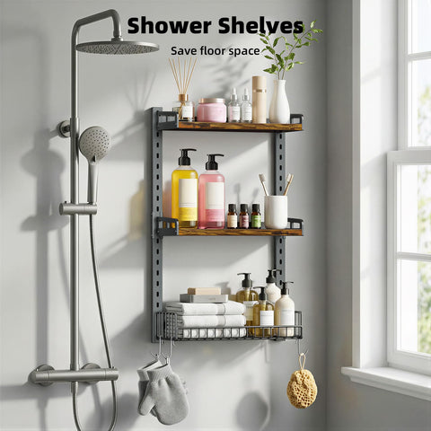 Kalrin two-shelf boards with hooks for towels and loofahs.