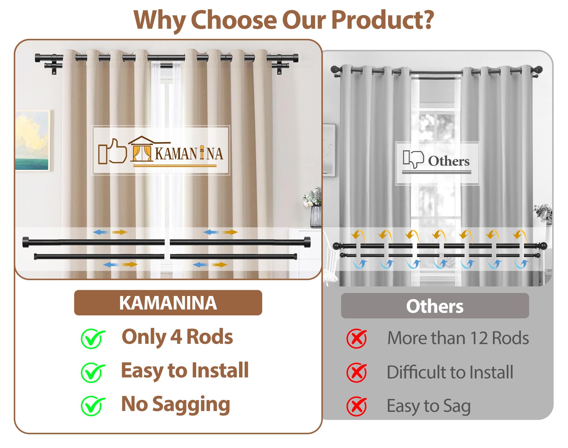 KAMANINA back rod shown for layered drapery setup and privacy