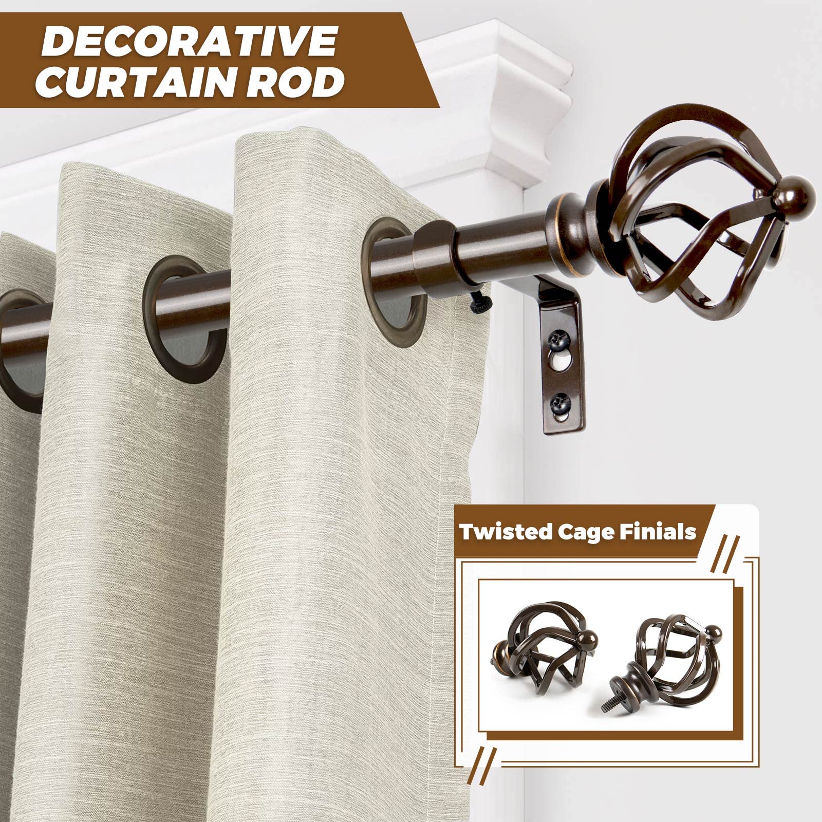 KAMANINA bronze curtain rod with twisted cage finial adds decorative focal point