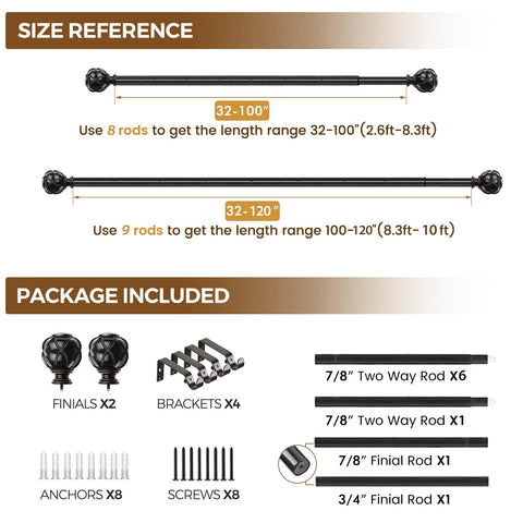 All-in-one package with nine rods and installation hardware.
