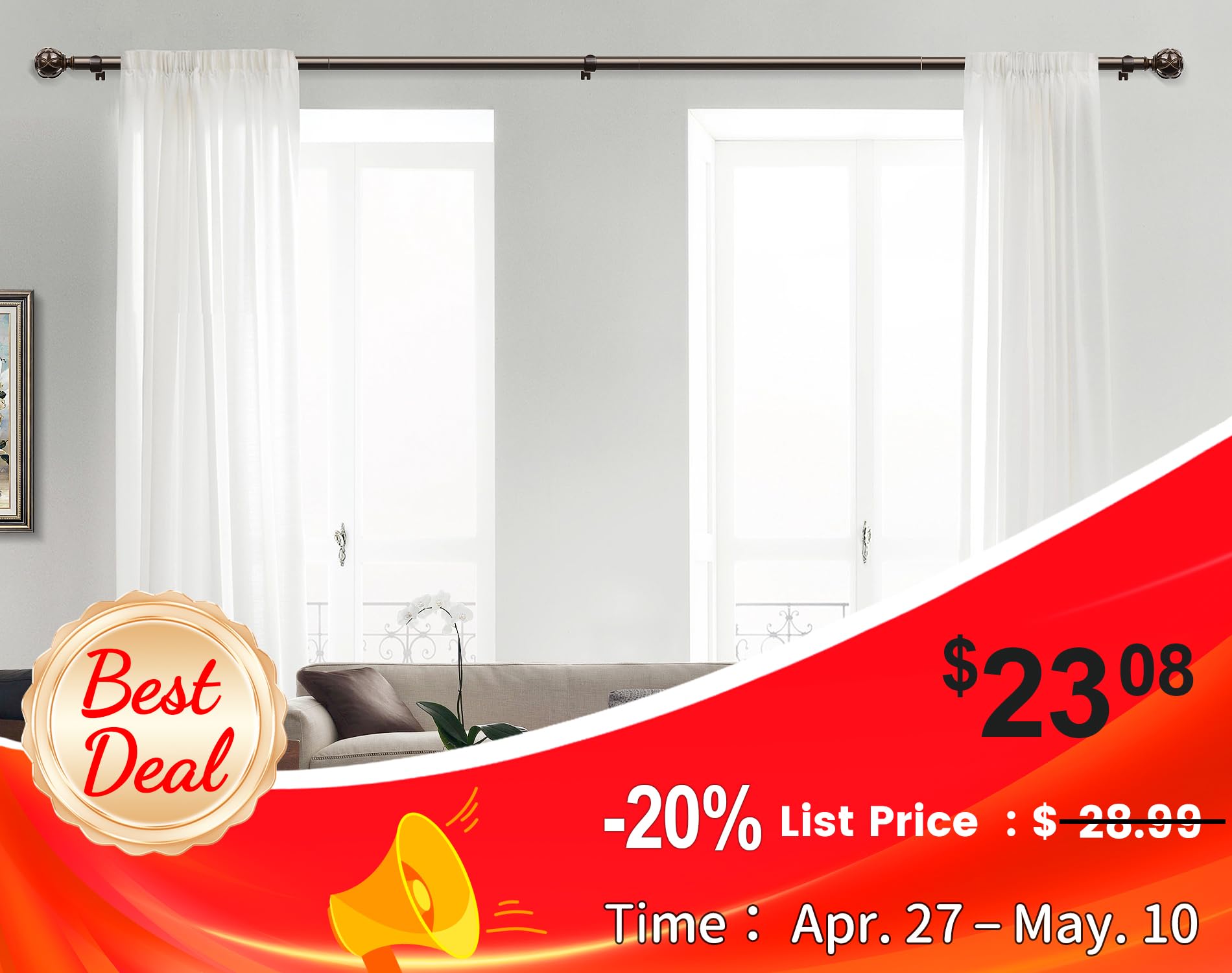 KAMANINA heavy-duty curtain rod supports drapes up to 22 pounds.