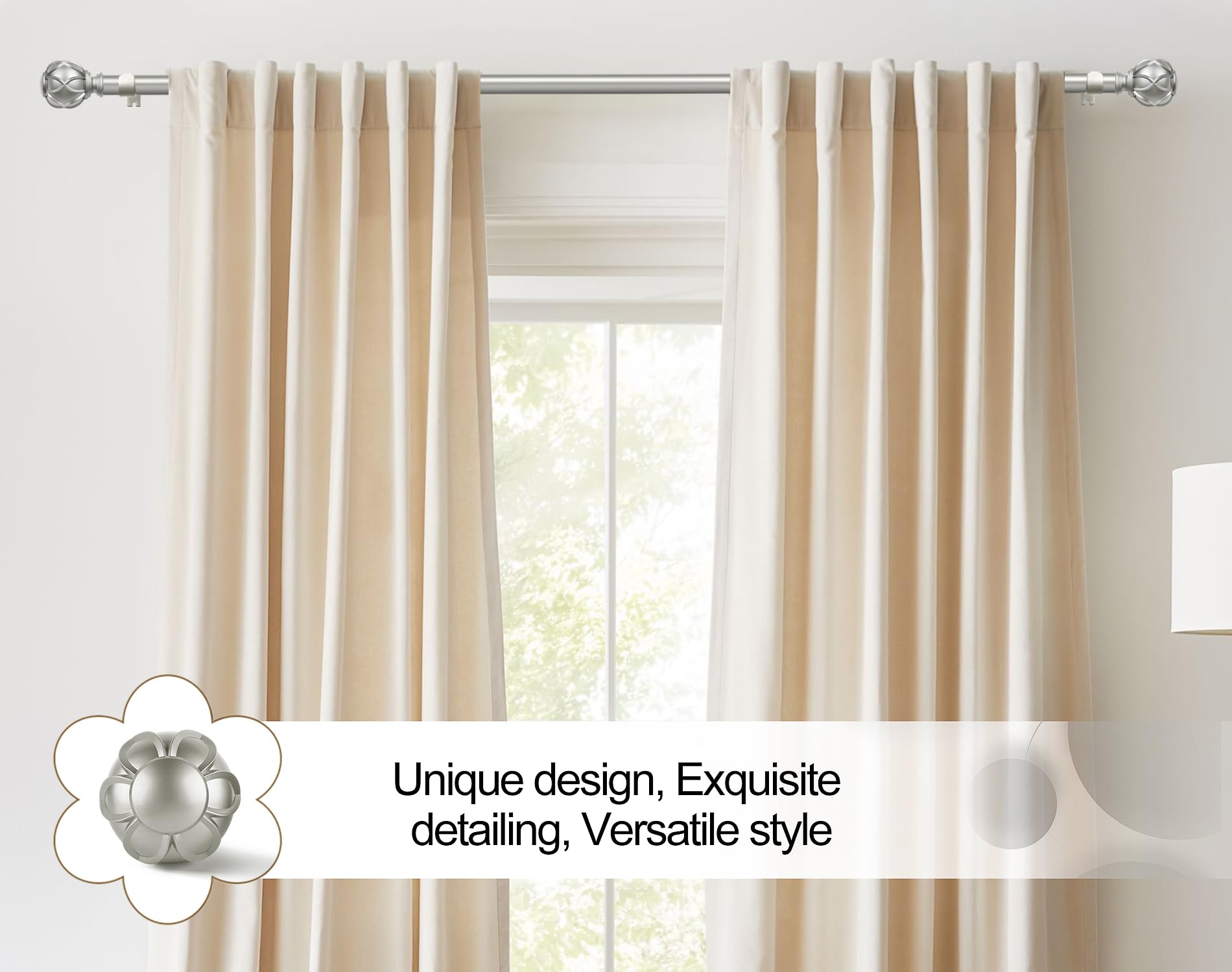 KAMANINA telescoping curtain rod enables quick length adjustment for fit.