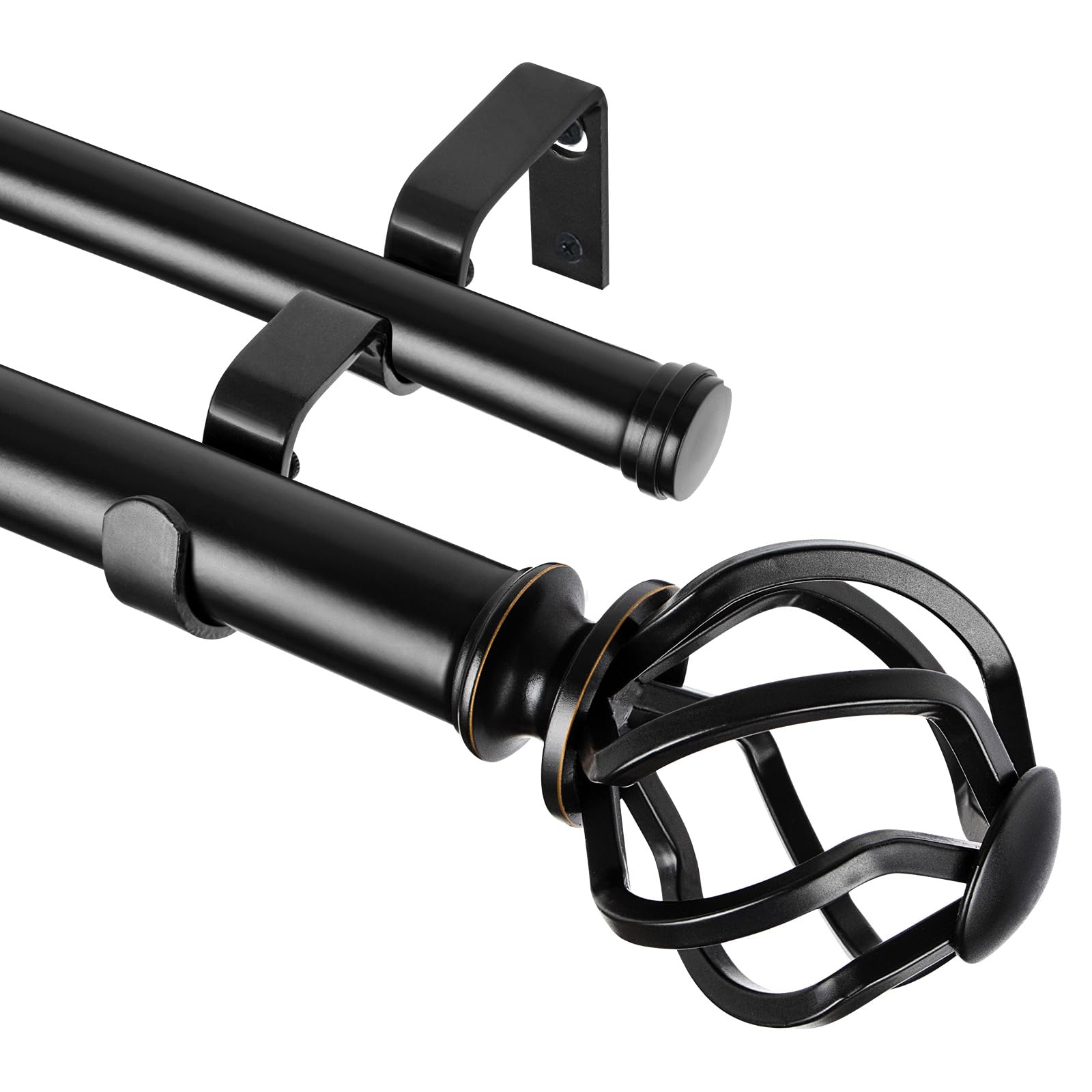 KAMANINA double curtain rod with front twisted cage finials for elegant display.