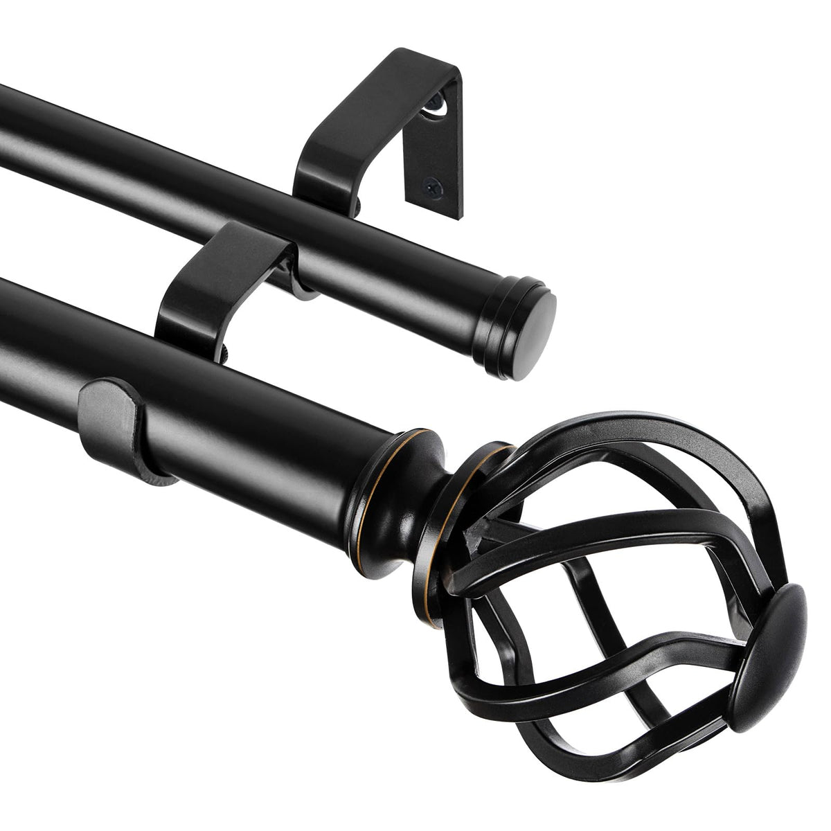 KAMANINA double curtain rod with front twisted cage finials for elegant display.