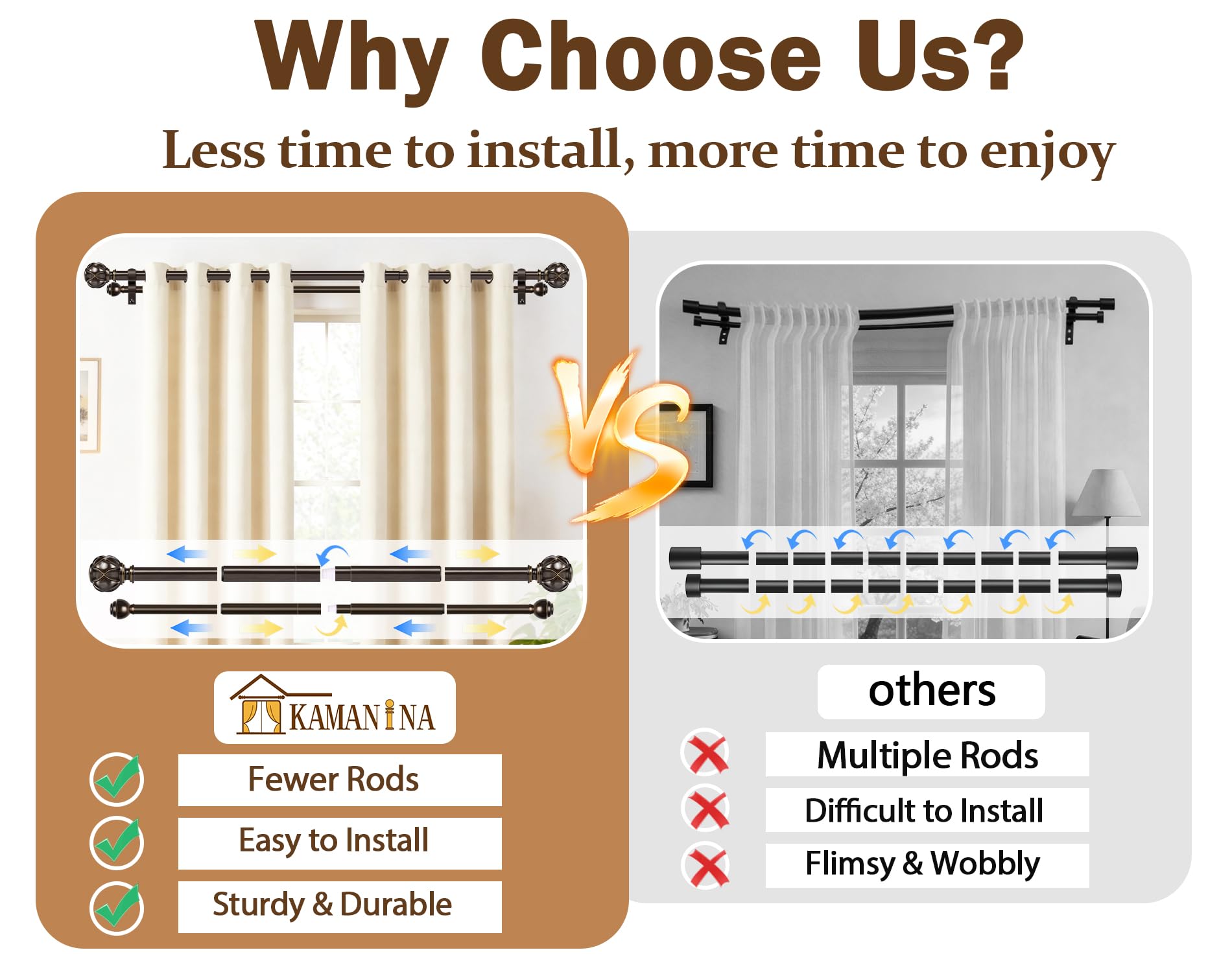 KAMANINA back rod and brackets provide sturdy support for heavier drapes.