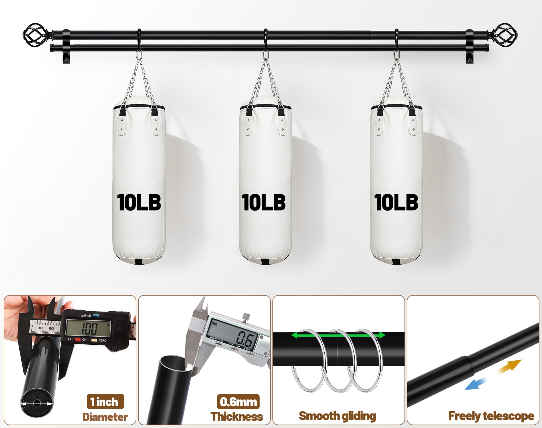 Heavy-duty metal construction for durable, long-lasting curtain support.