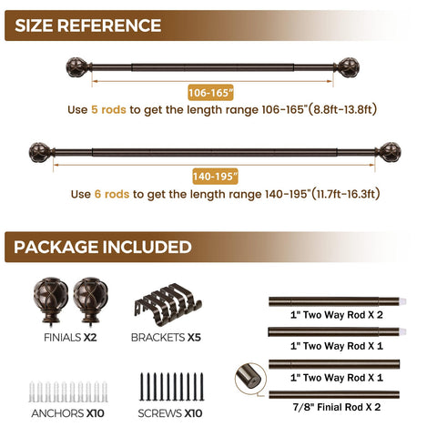 KAMANINA package includes six rods, two finials, five brackets, and hardware