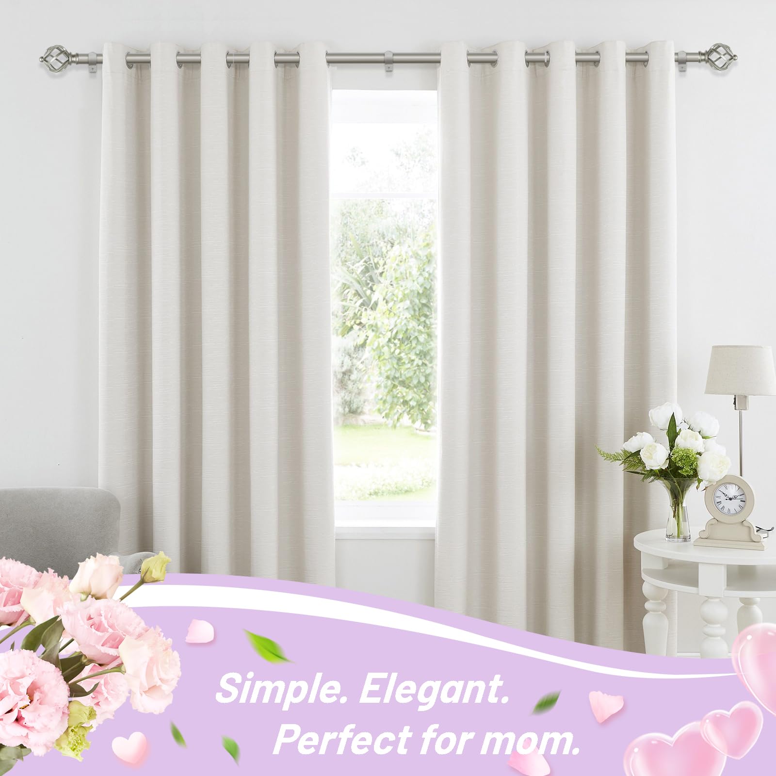 KAMANINA silver curtain rod with twisted cage finial adds decor.