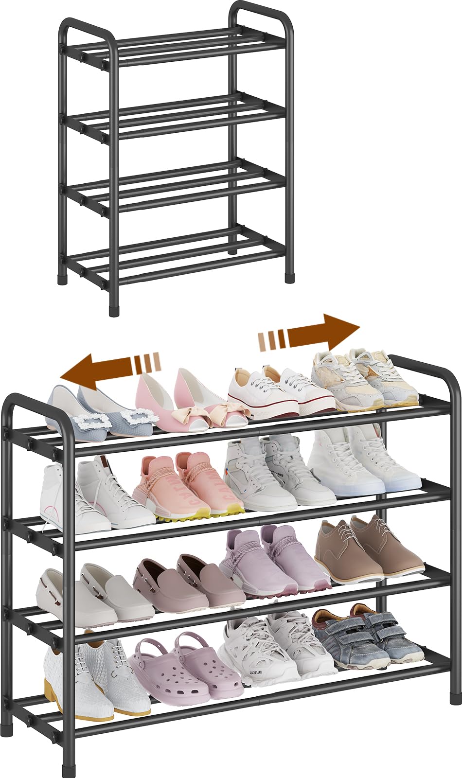 KANAV 4-Tier Expandable Shoe Rack extended for extra footwear storage.