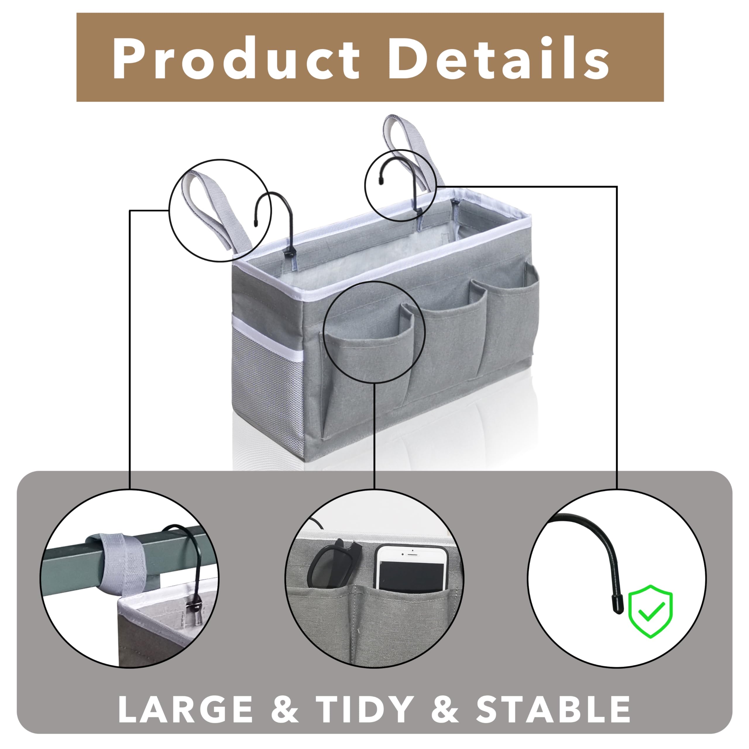 Kanrichu Bedside Caddy versatile use on bed, chair, door, or wall.