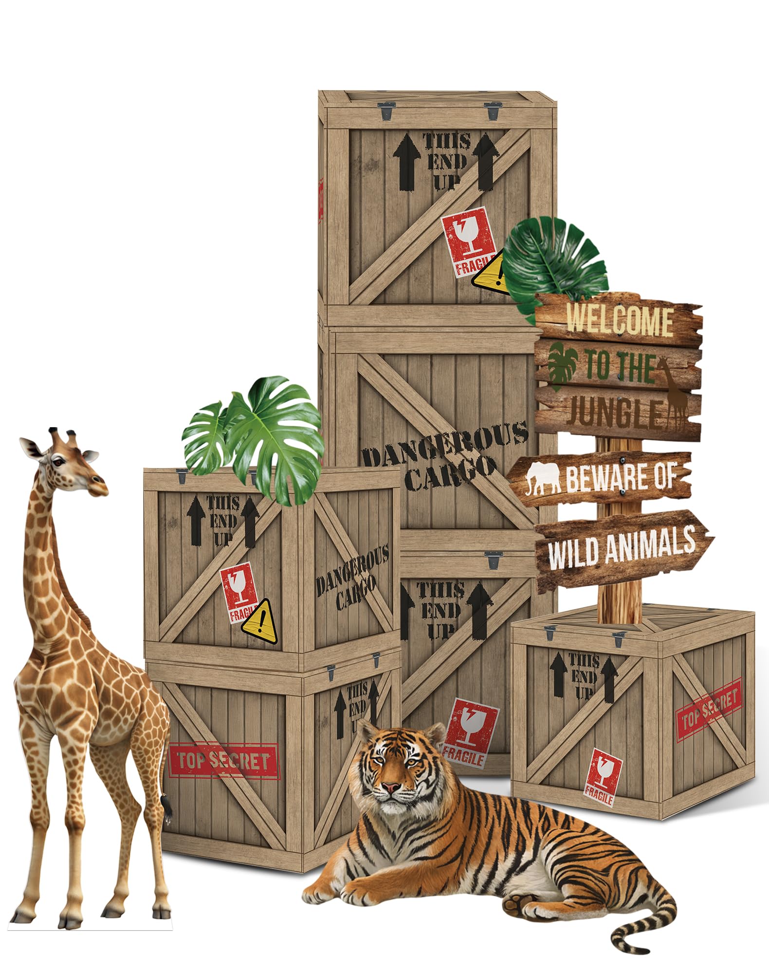 KARAQY jungle safari boxes create a rustic backdrop for a playful party.