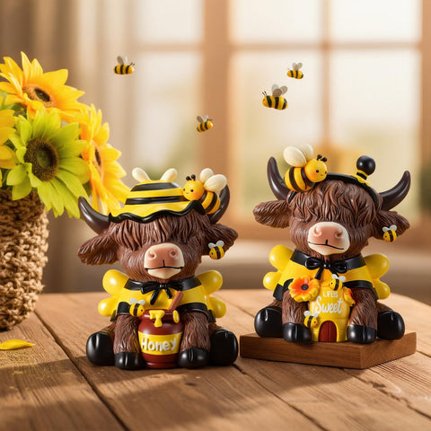 Karenhi bee Highland cow figurine with beehive design for shelf display.