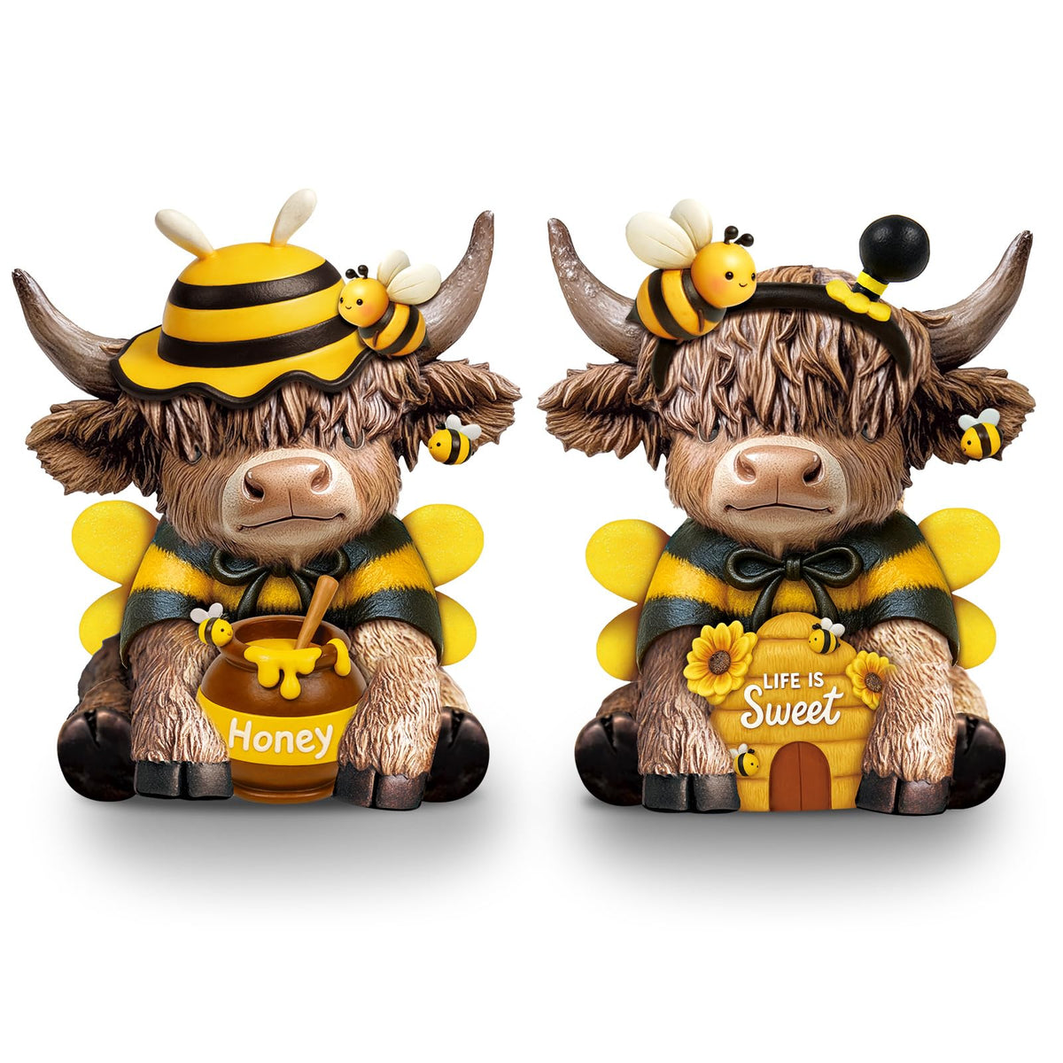 Karenhi bee Highland cow figurine holding a honey jar for spring decor.
