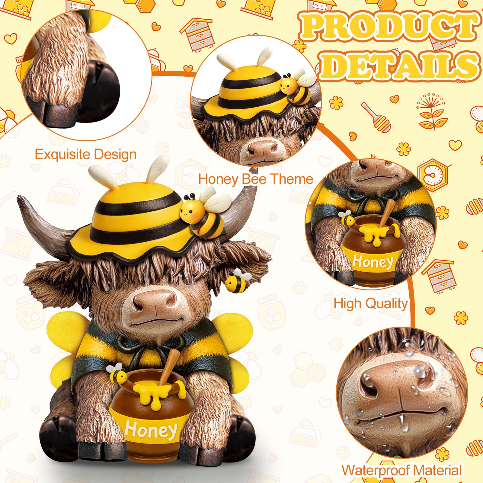 Karenhi bee Highland cow tabletop decor for tiered trays and mantels.