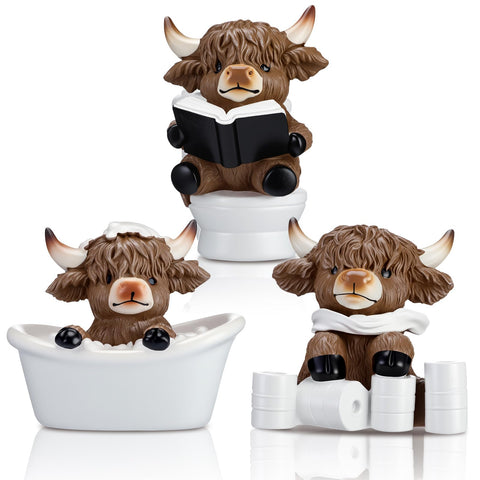 Karenhi Highland cow bath statue enhances bathroom decor with warm rustic charm.