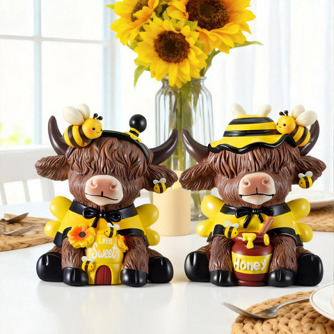 Karenhi Highland cow figurine in bee costume enhances kitchen and dining.