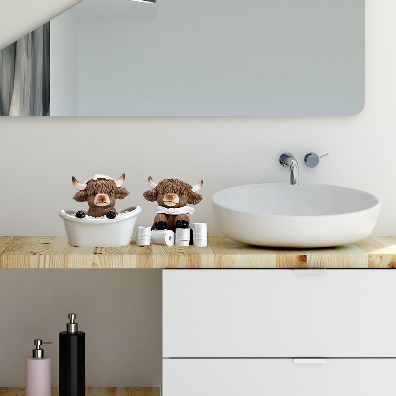 Karenhi Highland cow toilet statue brings farmhouse whimsy to any space.