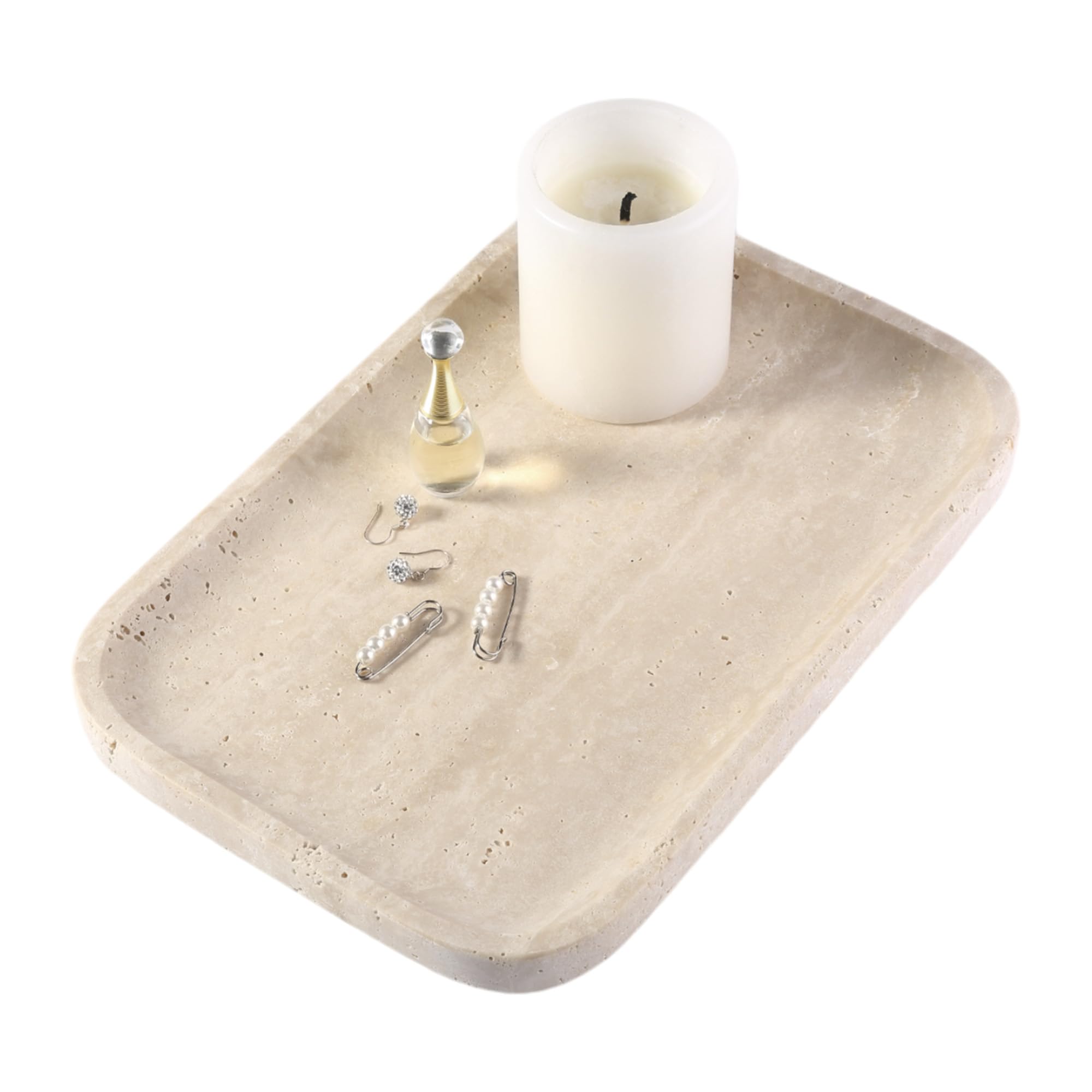 Karibiber marble vanity tray on dresser organizing jewelry with beige finish.