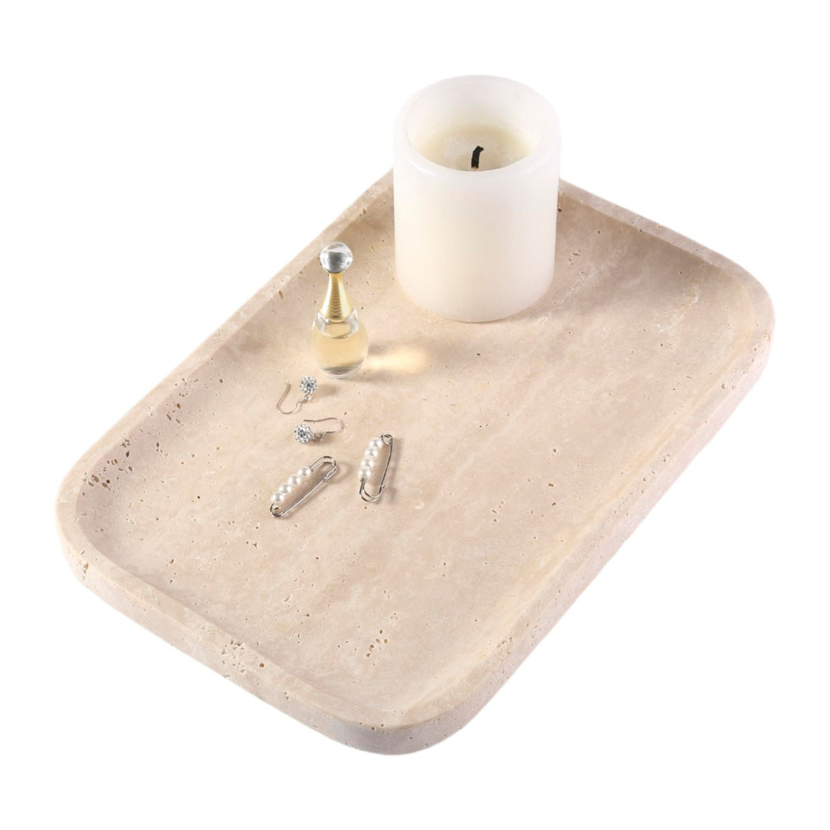 Karibiber marble vanity tray on dresser organizing jewelry with beige finish.