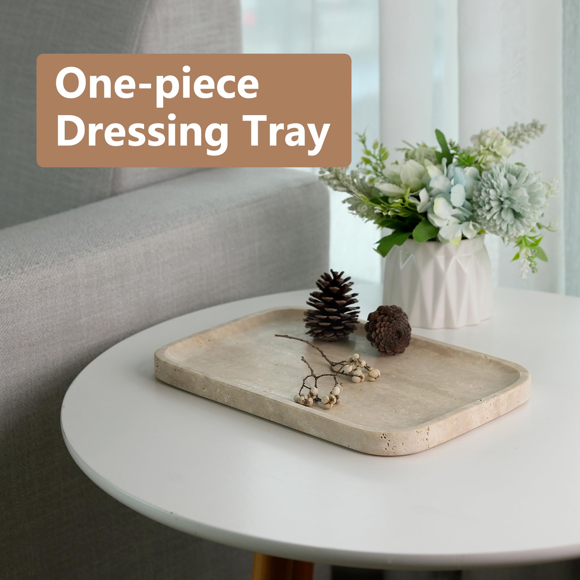 Karibiber travertine bathroom tray holding cosmetics on counter.