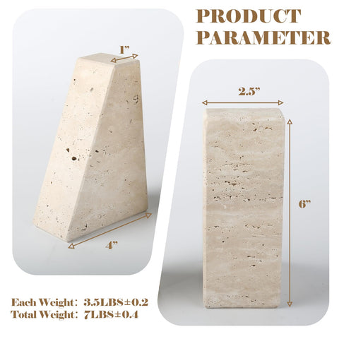 Karibiber Travertine bookends on shelf with hardbacks for organized display