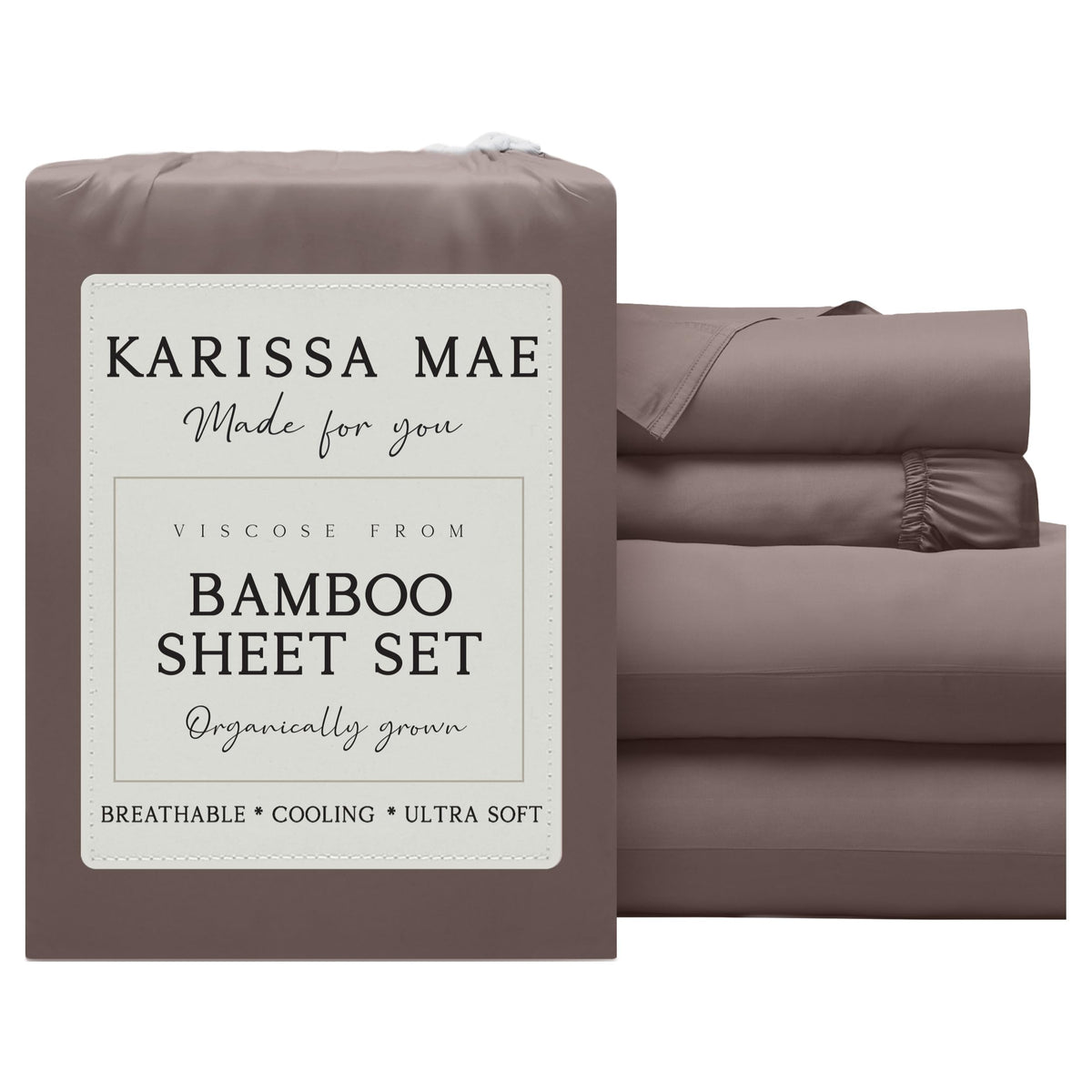 KARISSA MAE bamboo king sheet set Mocha folded on bed showcases soft, luxurious fabric