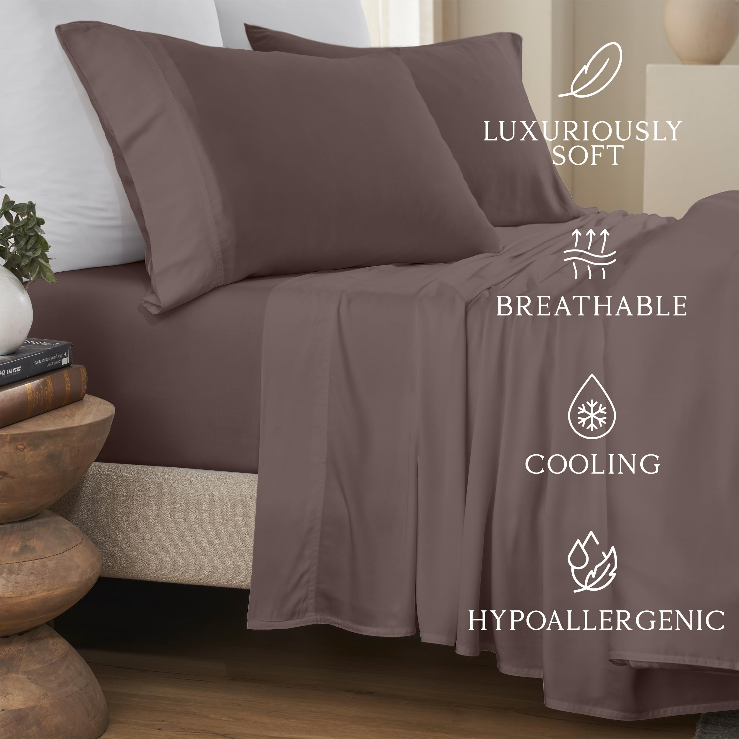 KARISSA MAE bamboo king sheet set Mocha on bed highlights cooling feel