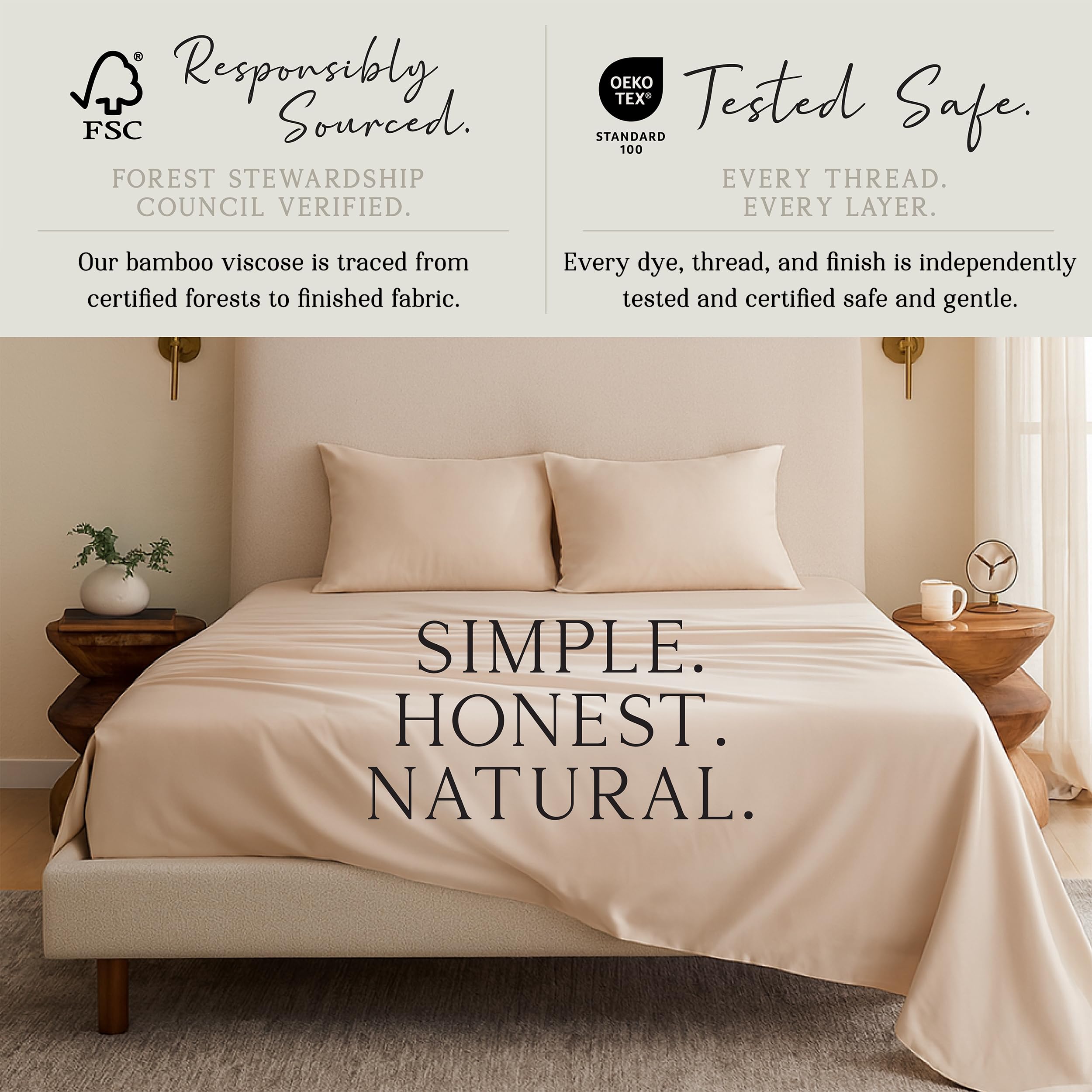 KARISSA MAE bamboo sheet set on bed in Dune color for relaxing bedtime