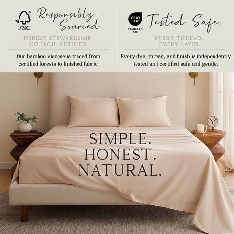 KARISSA MAE bamboo sheet set on bed in Dune color for relaxing bedtime