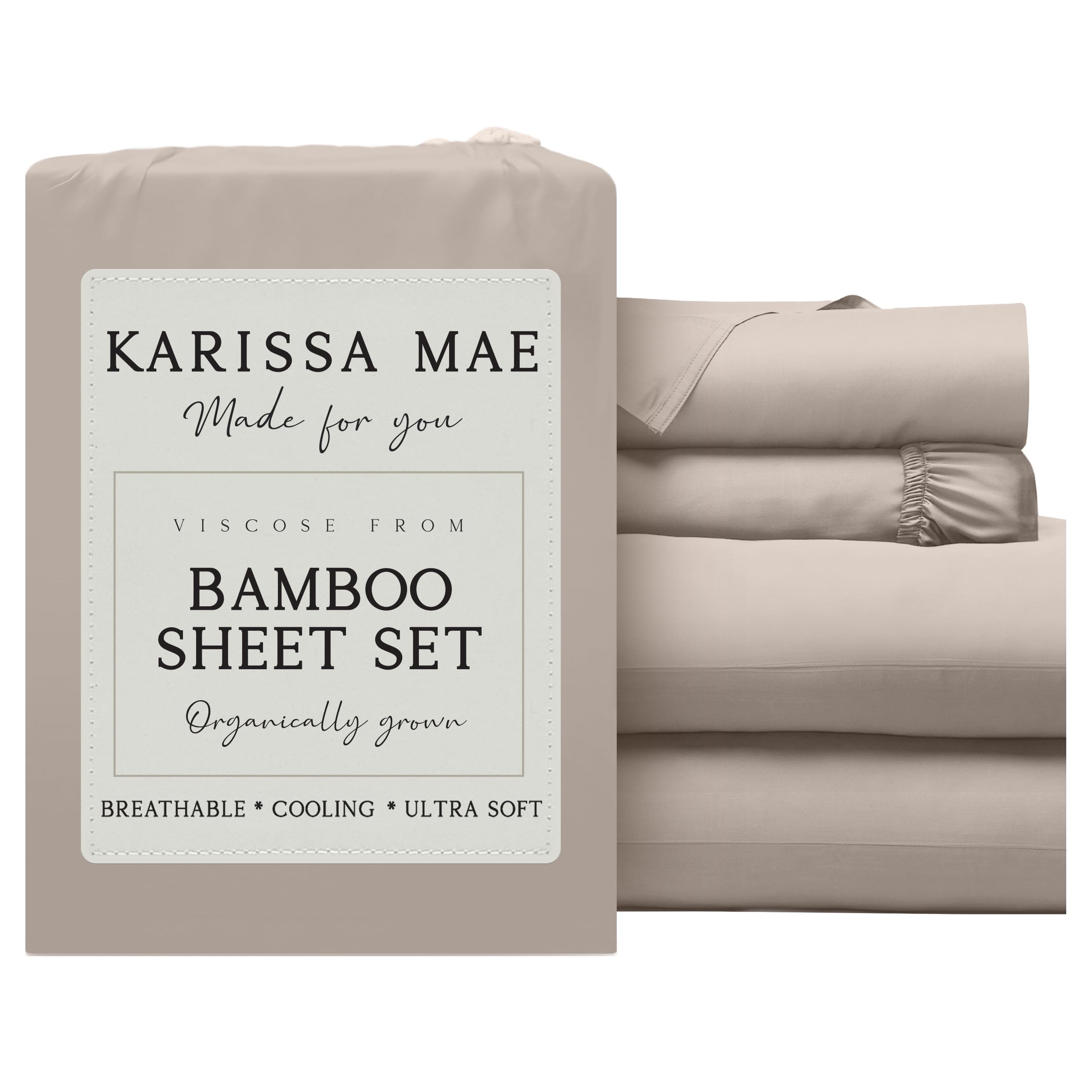 KARISSA MAE bamboo sheet set in Dune packaging, sustainable premium sleep start