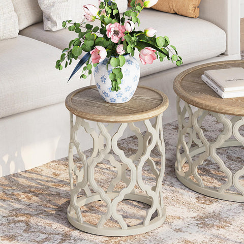 Karlott End Table distressed finish pairs with openwork drum frame