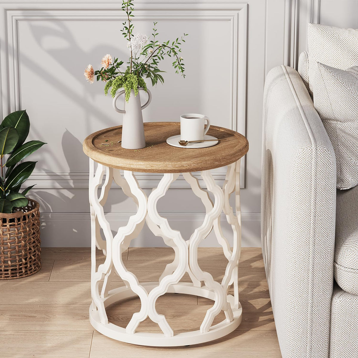 Karlott Farmhouse End Table round top enhances living room lamps and decor